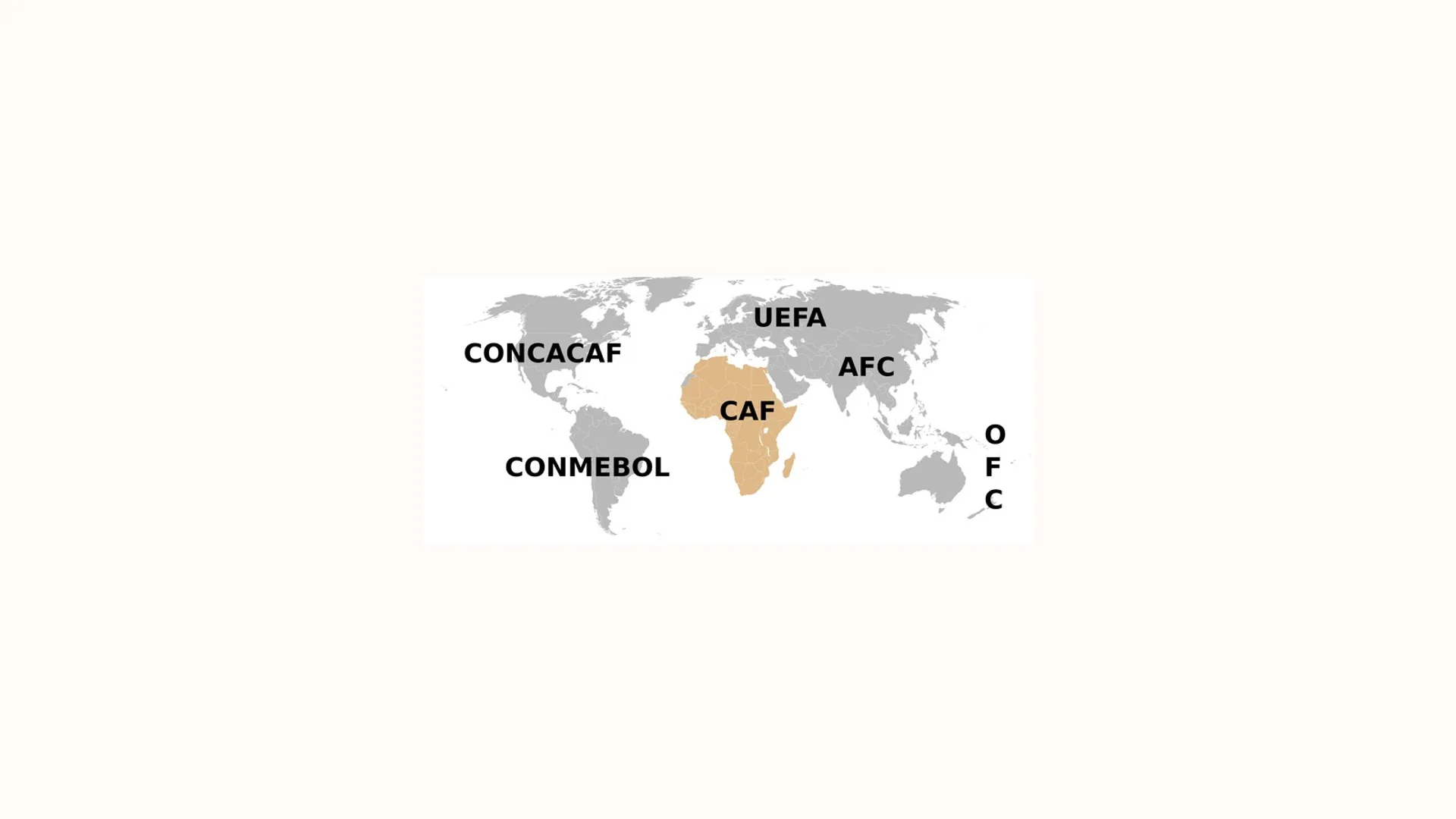Futbol konfederasyonlarını gösteren dünya haritası, Afrika turuncuyla CAF olarak işaretli
