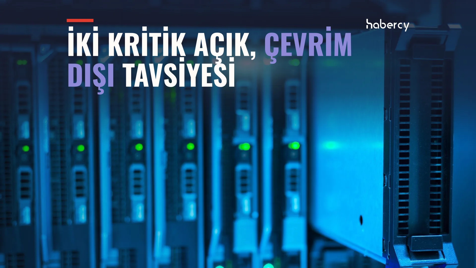 Mavi ışıklı veri merkezinde yeşil ışıkları yanan sunucu rafları, üstte yazı