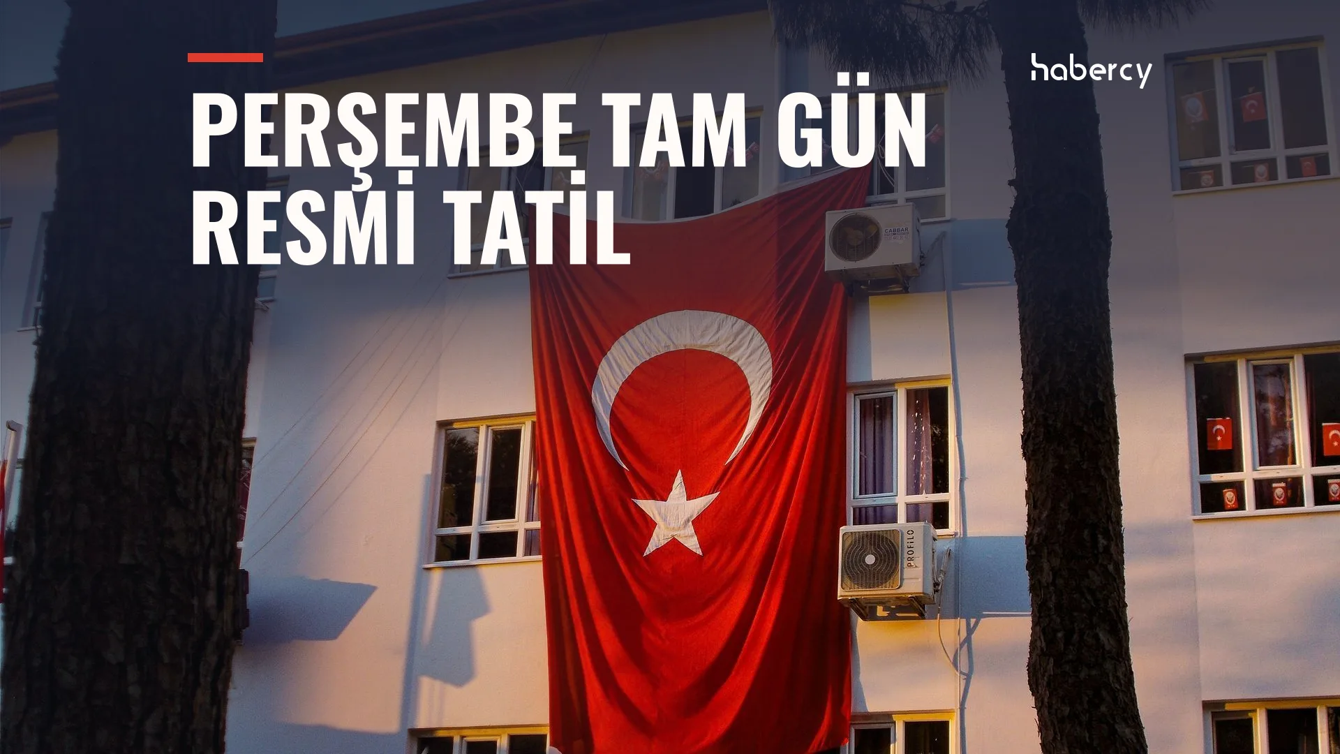 Beyaz bir binanın cephesinden sarkıtılmış büyük Türk bayrağı ve iki ağaç gövdesi