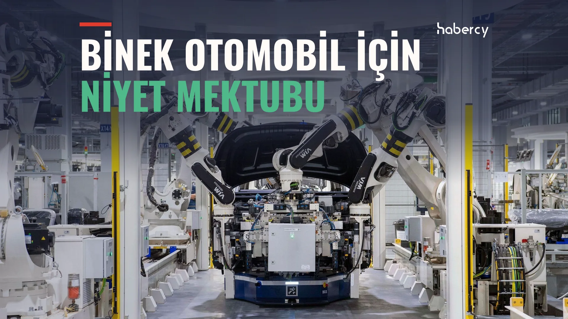 Fabrika üretim hattında araç gövdesi üzerinde çalışan beyaz robot kollar