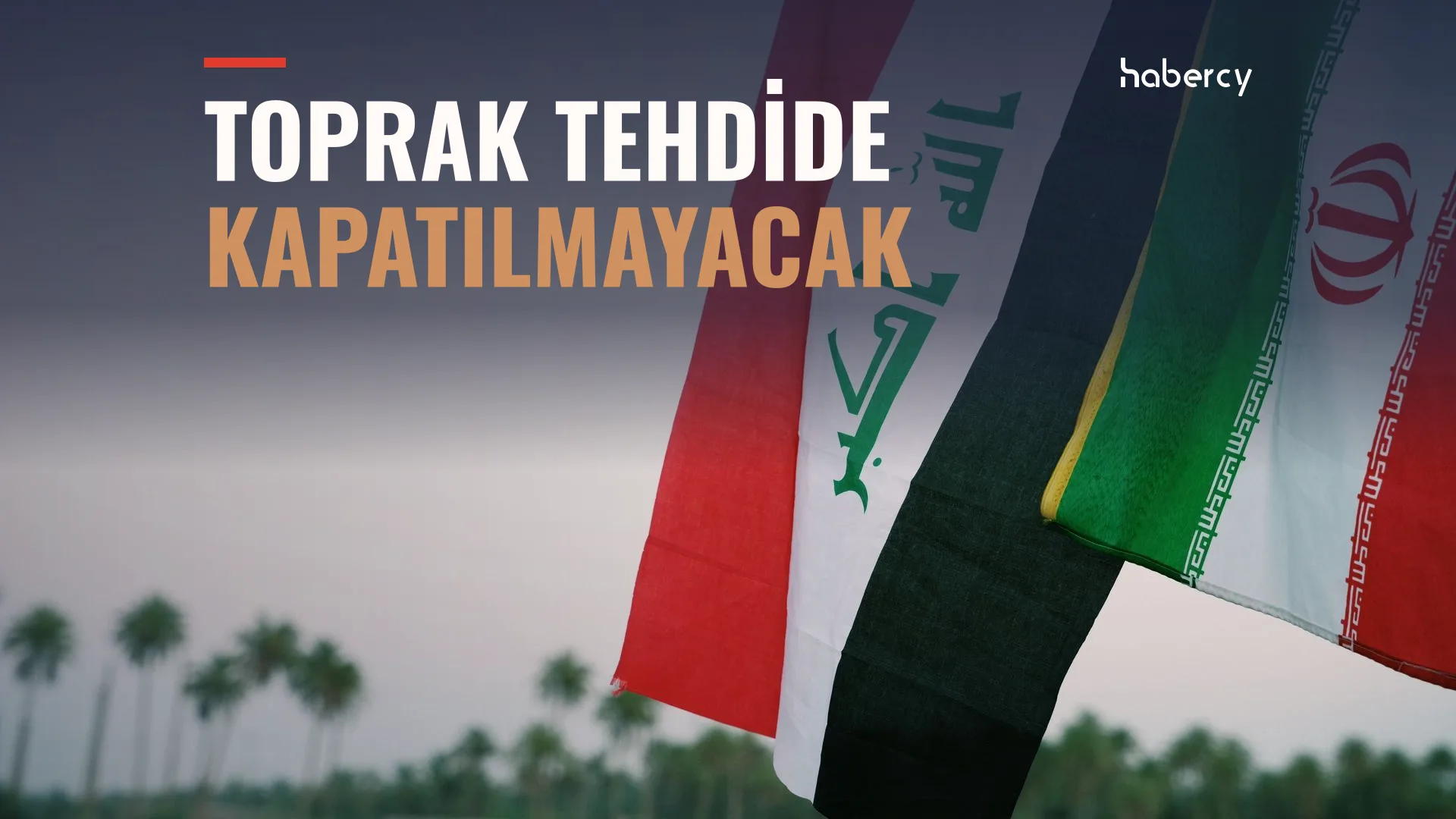 Bulutlu gökyüzü ve palmiye ağaçları önünde dalgalanan Irak ve İran bayrakları