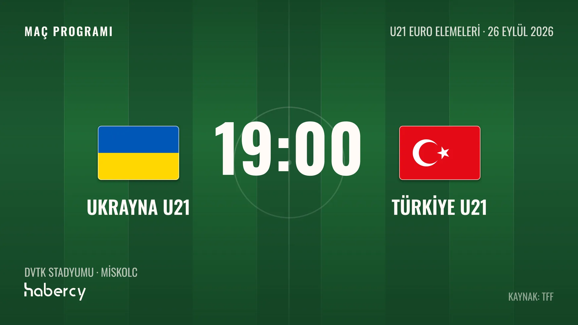 Ukrayna U21 - Türkiye U21 maç programı grafiği: 26 Eylül 2026, 19.00, DVTK Stadyumu, Miskolc