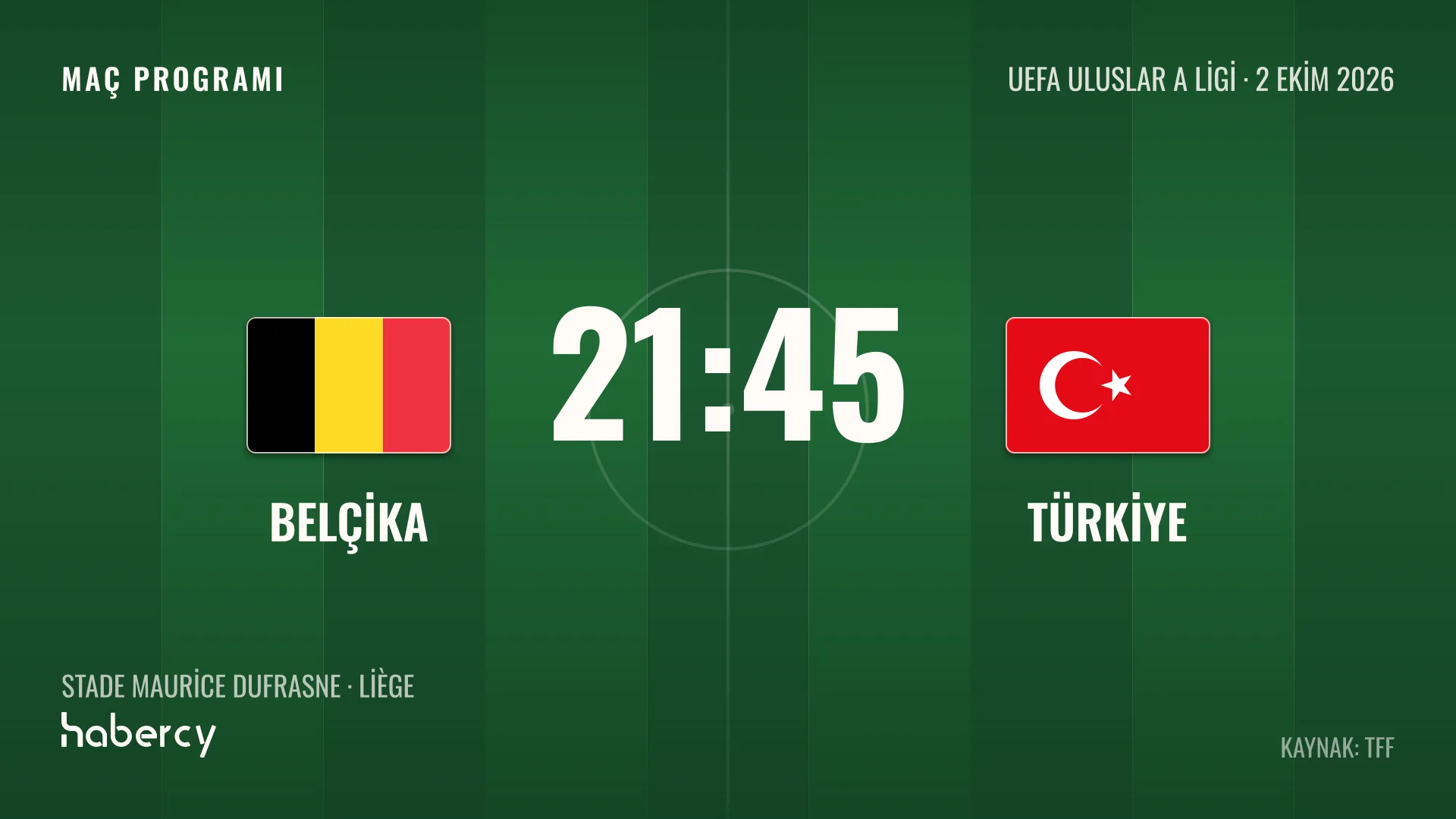 Belçika - Türkiye maç programı grafiği: 2 Ekim 2026, 21.45, Liège