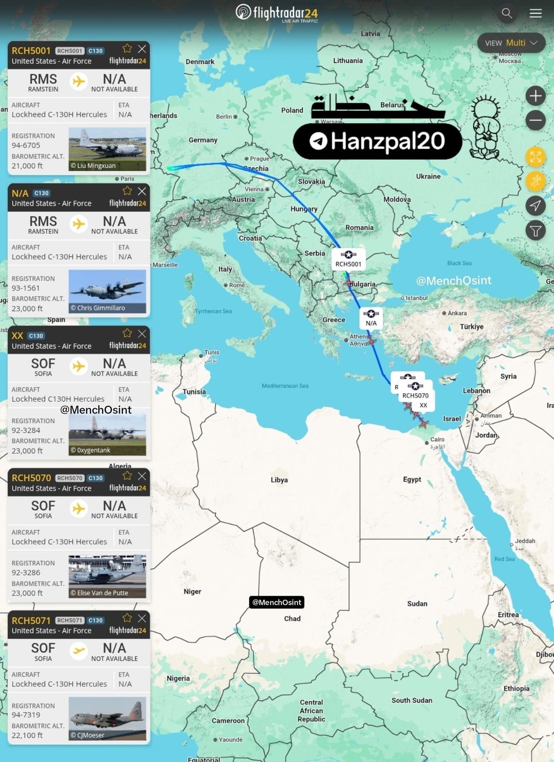 Flightradar24 ekran görüntüsü: Ramstein ve Sofya'dan kalkan beş ABD Hava Kuvvetleri C-130H uçağının Yunanistan üzerinden Mısır'a doğru rotası