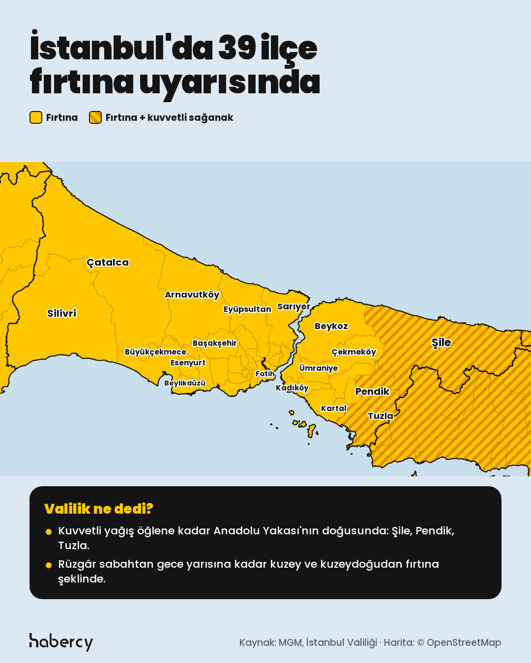 Harita: İstanbul'un 39 ilçesinin tamamı fırtına uyarısında; Pendik, Tuzla ve Şile'de ayrıca kuvvetli sağanak uyarısı var.