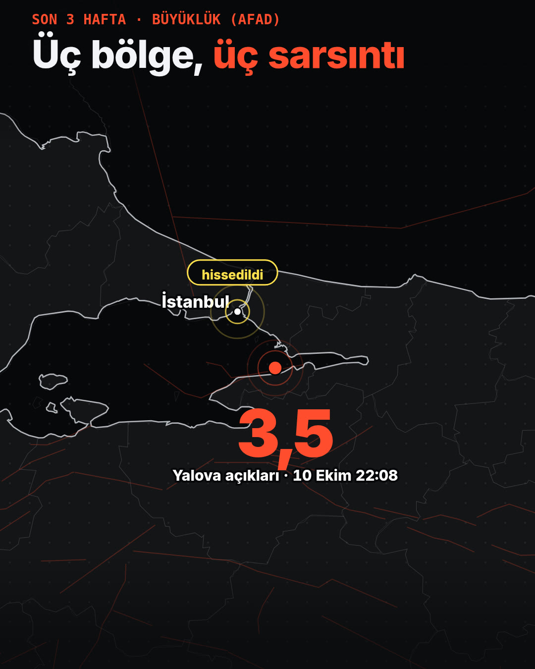 Harita: Yalova açıklarındaki 3,5 büyüklüğündeki deprem ve İstanbul'da hissedildiğini gösteren işaret.