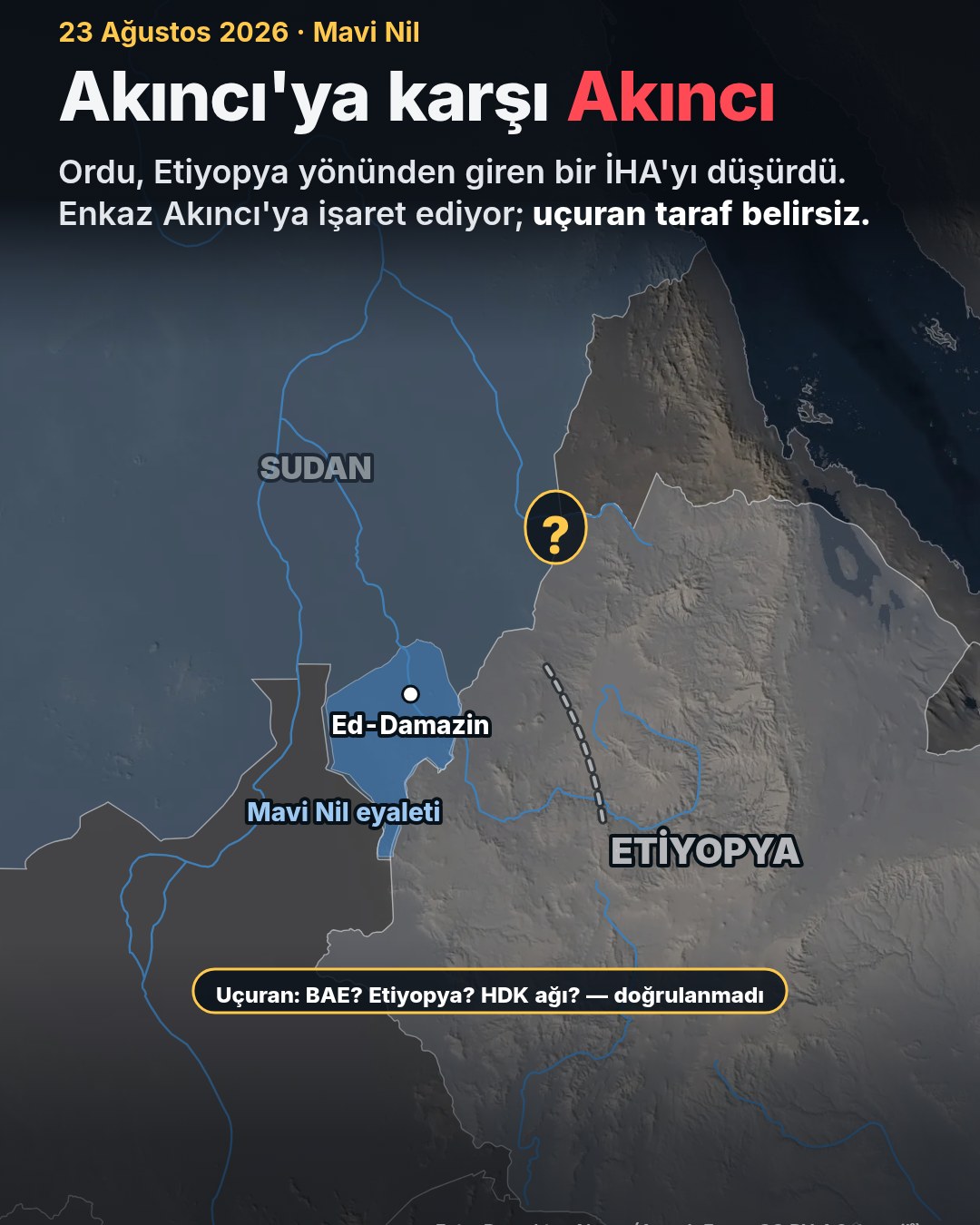 Harita: Etiyopya ile Sudan'ın Mavi Nil eyaleti; Etiyopya yönünden gelen İHA'nın düşürüldüğü yer ve 'uçuran taraf doğrulanmadı' notu.