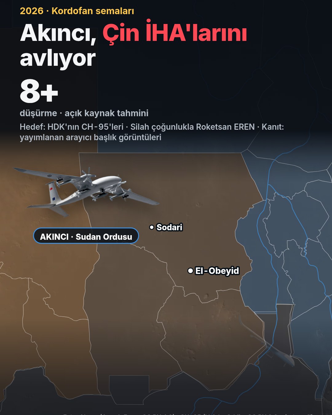 Harita: Kordofan semaları; Sudan ordusuna ait Akıncı ve El-Obeyid, Sodari noktaları; düşürme sayısı 8+.